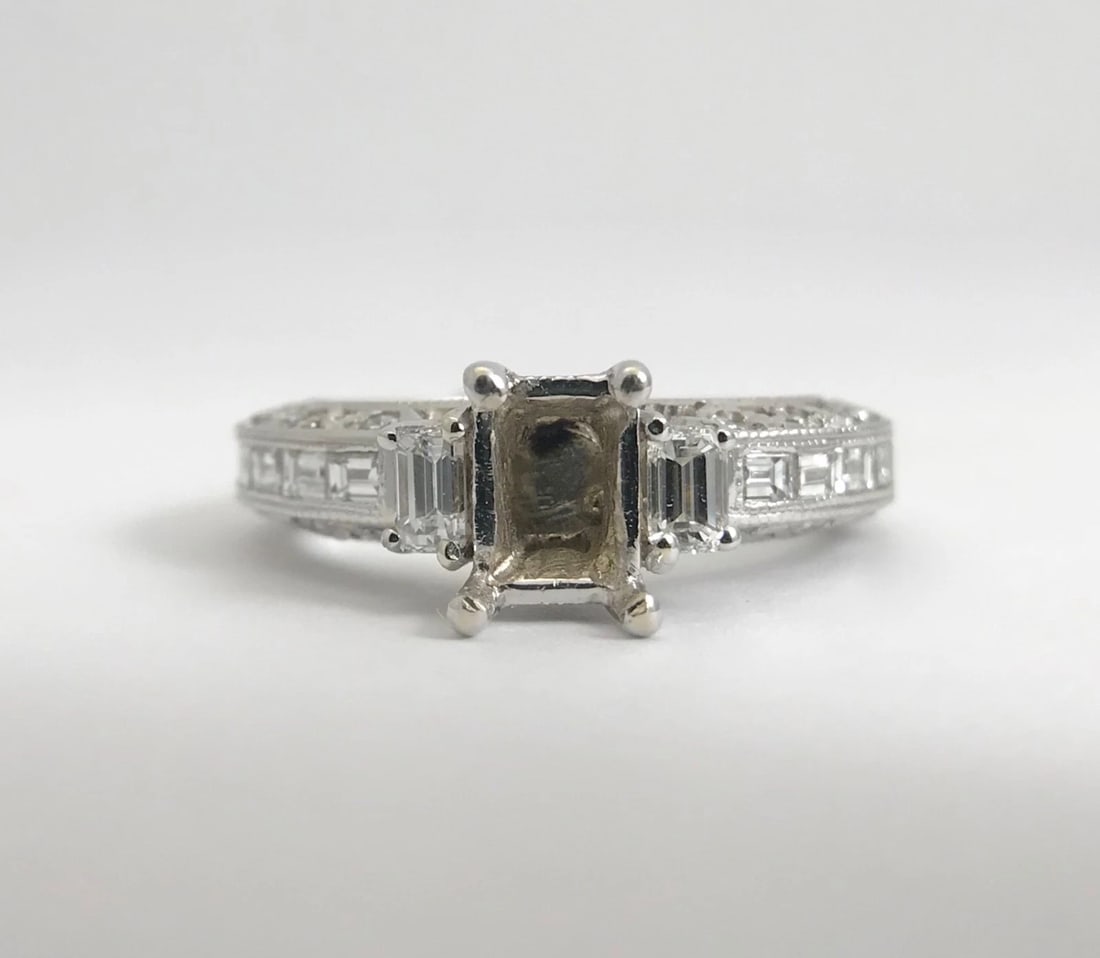 Baguette Round Diamond Engagement Ring Setting Mounting 18K White Gold, 1.29 CTW - 4