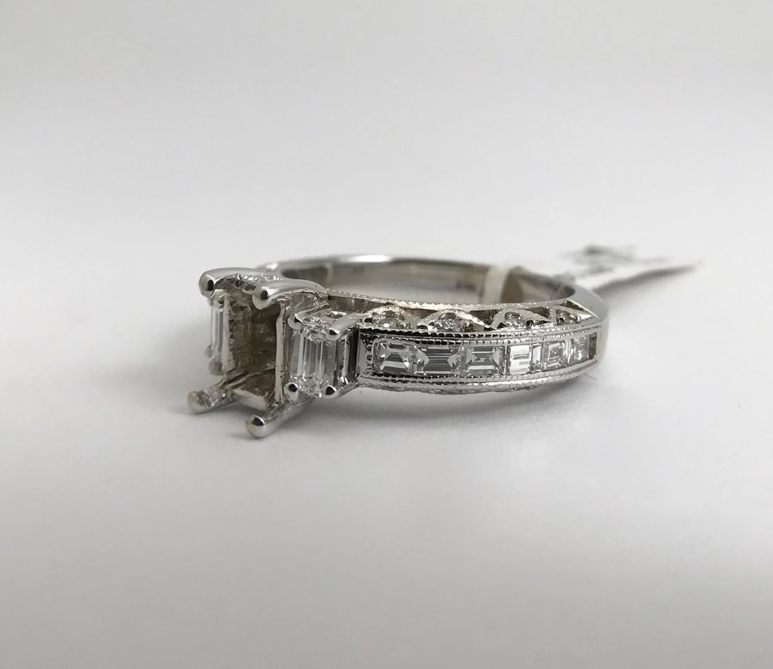 Baguette Round Diamond Engagement Ring Setting Mounting 18K White Gold, 1.29 CTW - 7