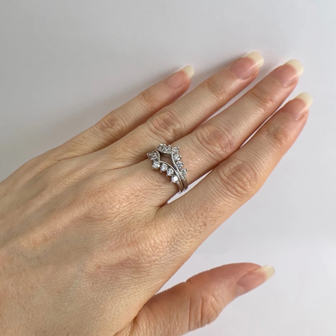 CZ Cubic Zirconia Curved Matching Wedding Band Ring Set 14K White Gold, 3.65 Gr - 4