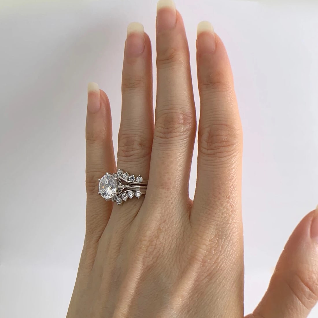 CZ Cubic Zirconia Curved Matching Wedding Band Ring Set 14K White Gold, 3.65 Gr - 7