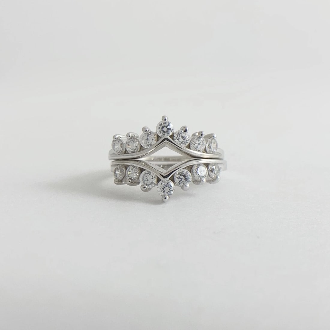 CZ Cubic Zirconia Curved Matching Wedding Band Ring Set 14K White Gold, 3.65 Gr - 8