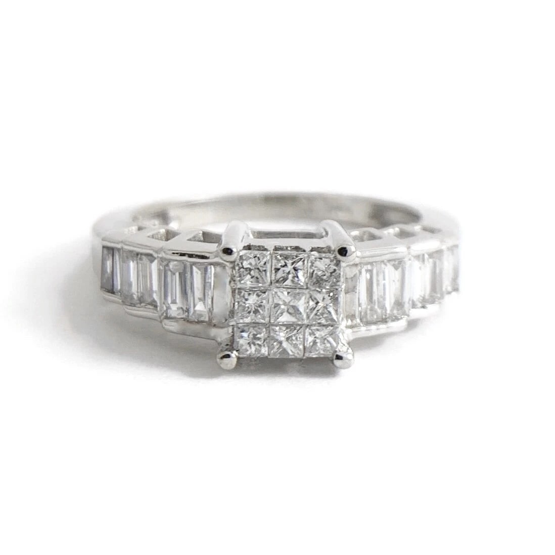 Princess Baguette Invisible Set Diamond Engagement Ring 14K White Gold, 3.24 Gr: Princess Baguette Invisible Set Diamond Engagement Ring 14K White Gold, 3.24 Grams This is a beautiful diamond ring to wear as engagement ring or statement ring. Please let us know if you have any