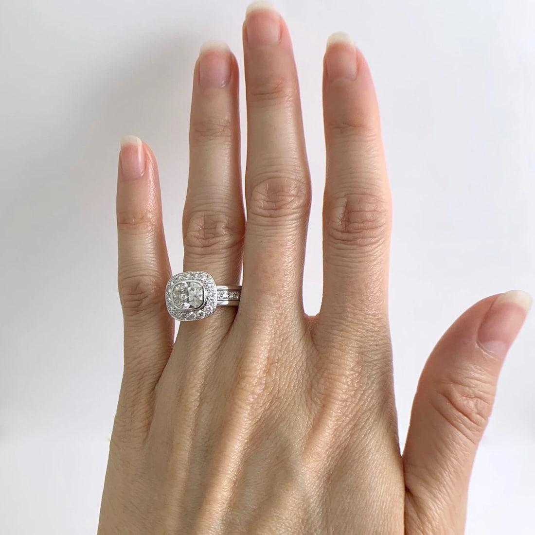 Cushion Diamond Bezel Halo Eternity Engagement Ring 18K White Gold, 3.30 CTW - 3