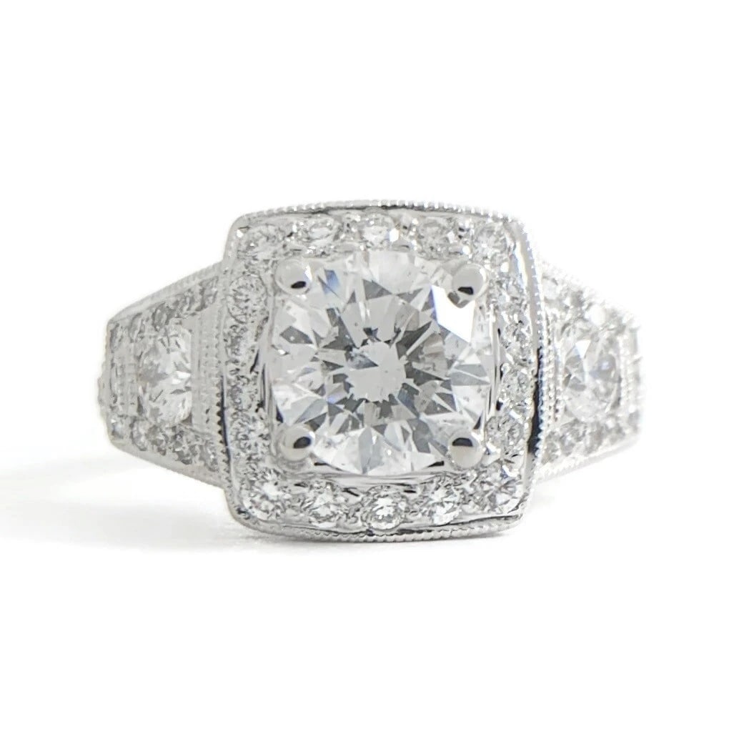 Cushion Milgrain Halo Pave Diamond Engagement Ring 14K White Gold 2.00 CTW: Cushion Milgrain Halo Pave Diamond Engagement Ring 14K White Gold 2.00 CTW This is a gorgeous diamond engagement ring! Please let us know if you have any questions! Diamonds: 2.00 ctw; 1 round brillia