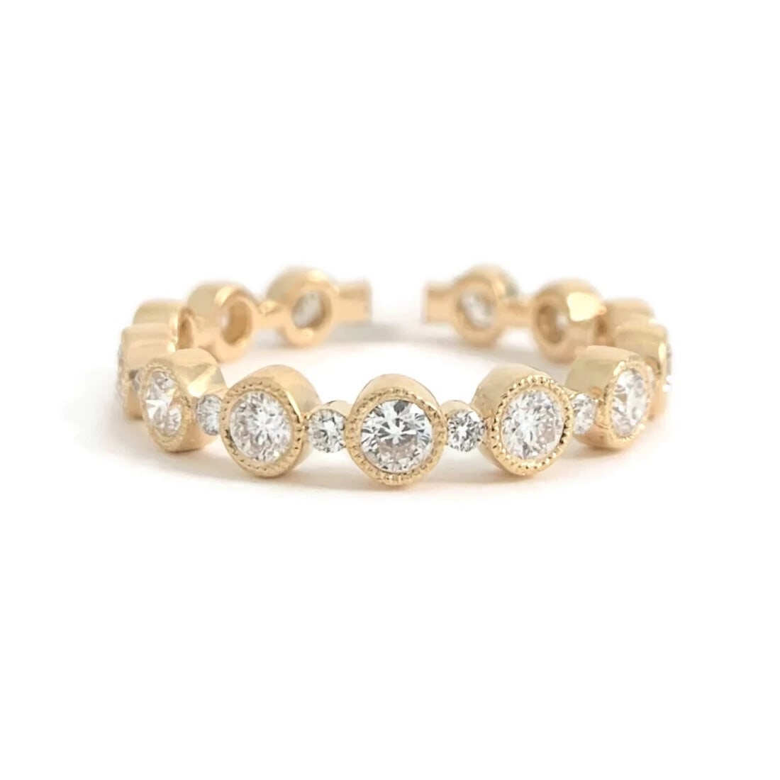Round Bead Set Bezel Diamond Wedding Band Ring 18K Rose Gold, 1.05 CTW: Round Bead Set Bezel Diamond Wedding Band Ring 14K Rose Gold, 1.05 CTW This is a beautiful and stunning ring! Don't hesitate to ask any questions! Diamonds: 25 round brilliant cuts 1.05 ctw, G, SI1 Me