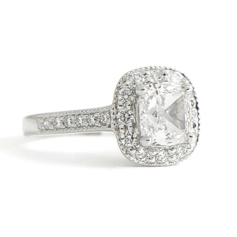 GIA Cushion Halo Diamond Engagement Ring Platinum, 1.17 CTW, Size 4.25, 5.13 Gr: GIA Cushion Halo Diamond Engagement Ring Platinum, 1.17 ctw, Size 4.25, 5.13 Gr Give her a ring she will love forever! This ring has a classic timeless look. Please let us know if you have any questio