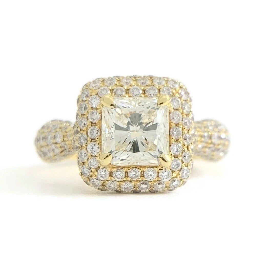 Princess Diamond Pave Halo Engagement Ring 18K Yellow Gold 2.41 CTW: Princess Diamond Pave Halo Engagement Ring 18K Yellow Gold 2.41 CTW This is a gorgeous diamond engagement ring! Please let us know if you have any questions! Diamonds: 2.40 ctw; 1 princess cut, 1.27 c