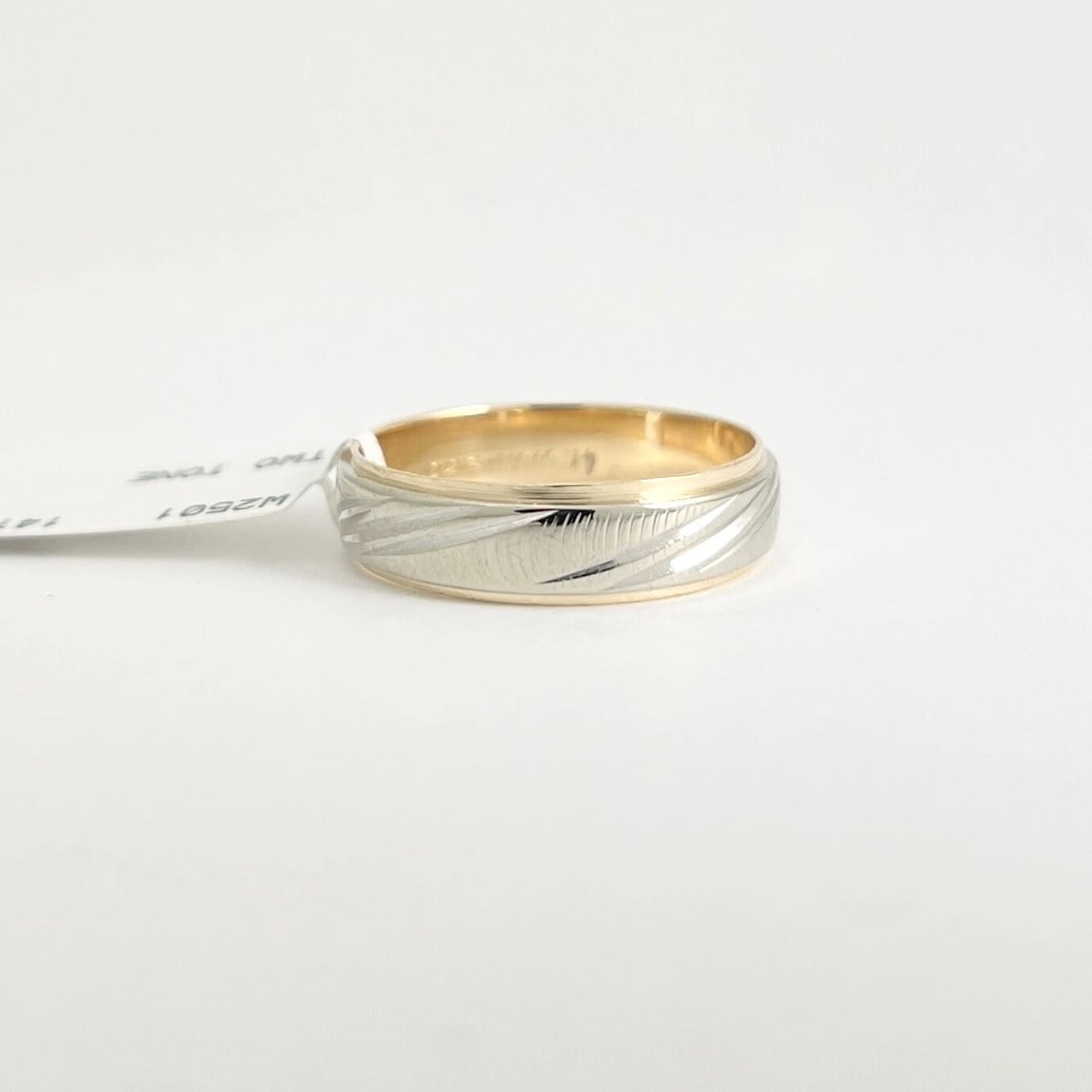 Men's Two-Tone Etched Wedding Band Ring 14K White Yellow Gold, Size 10.5, 5.8 mm - 6