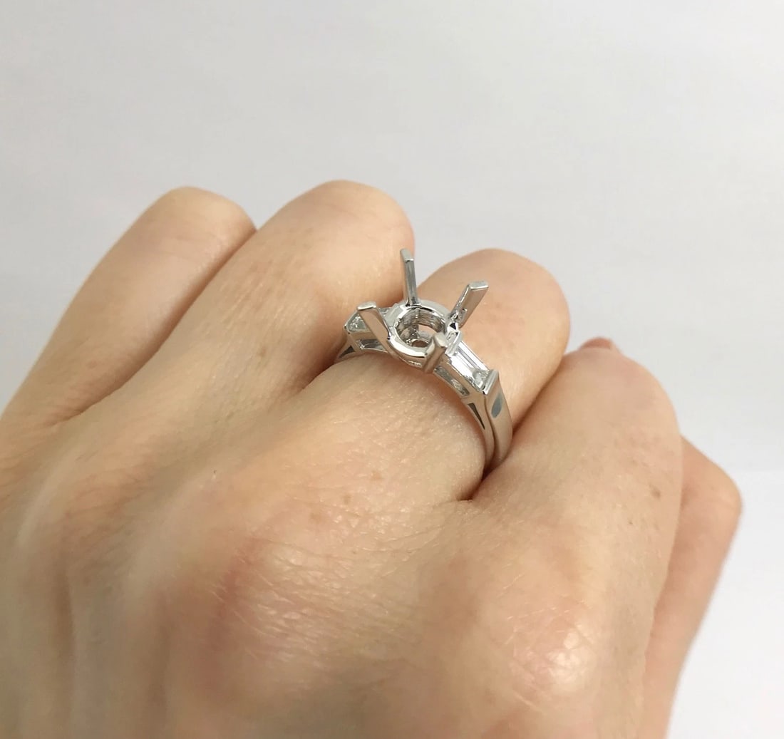 Straight Baguette Diamond Engagement Ring Setting Mounting 18K White Gold 4.94 G - 4