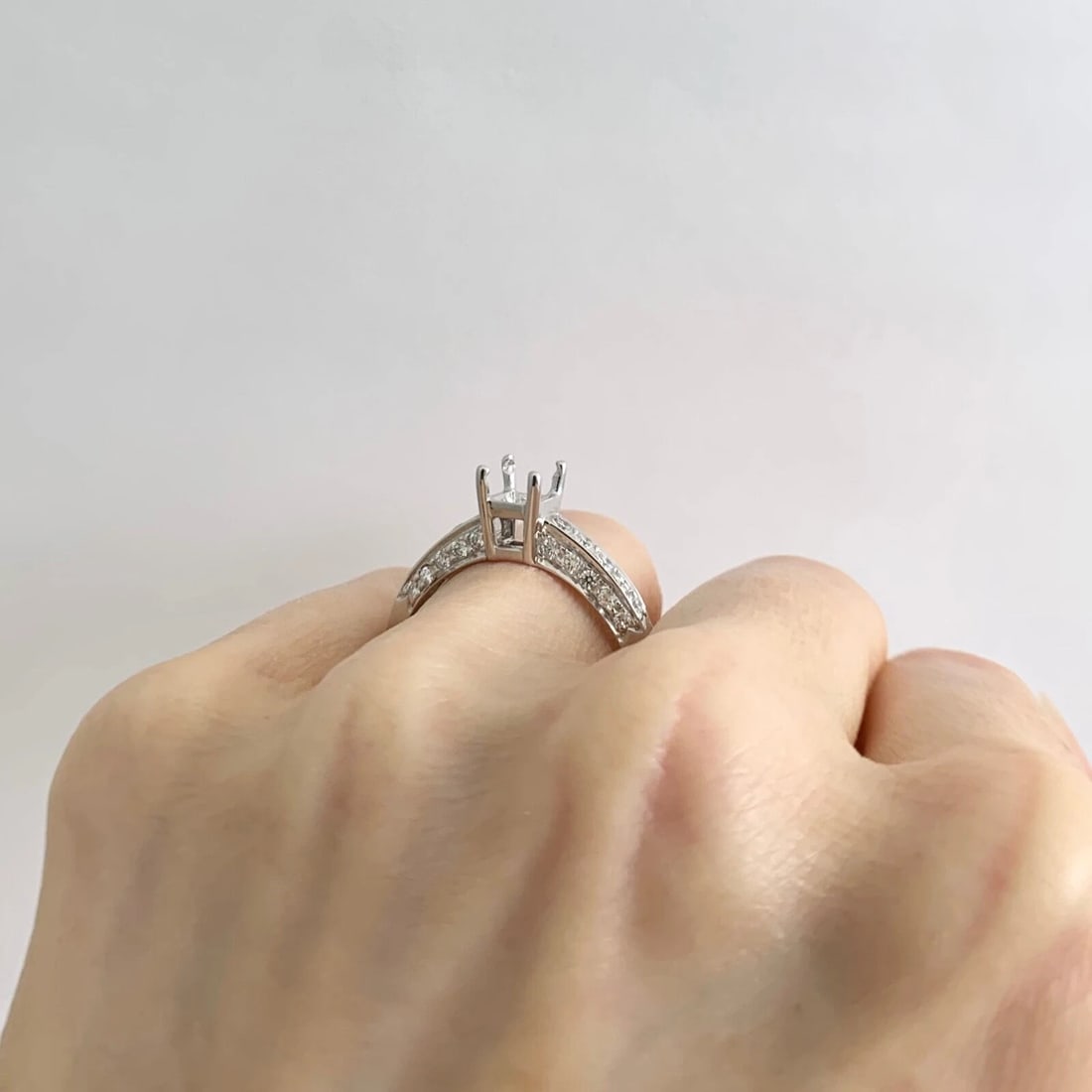 3-Sided Pave Diamond Engagement Ring Setting Mounting 18K White Gold, 5.09 Gr - 4