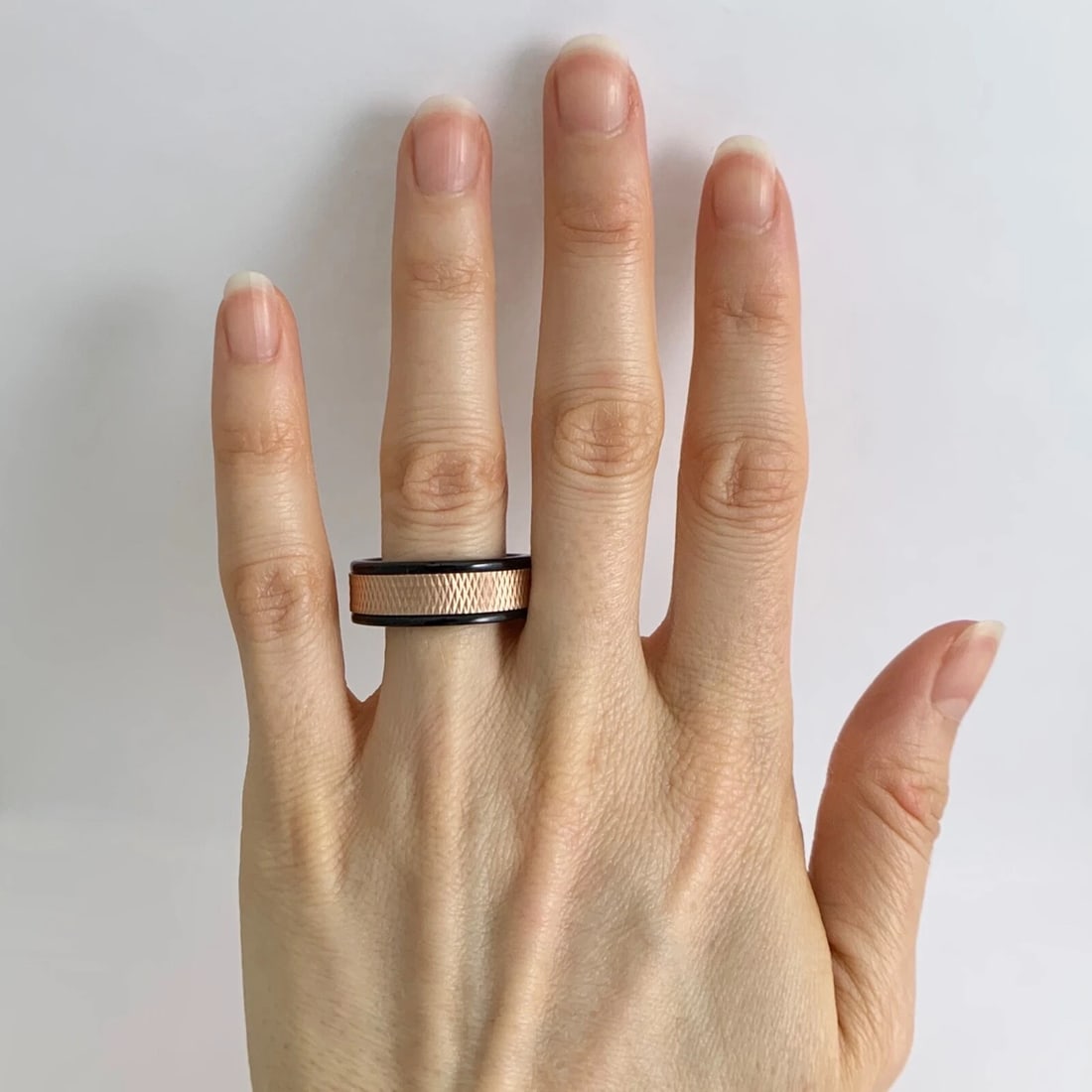 Men's 14K Rose Gold Insert Black Tungsten Wedding Band Ring, Size 10, 8 mm - 3