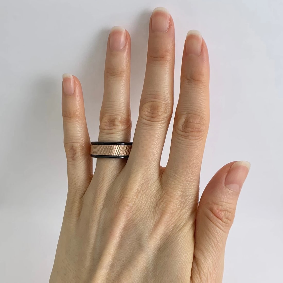 Men's 14K Rose Gold Insert Black Tungsten Wedding Band Ring, Size 10, 8 mm - 4