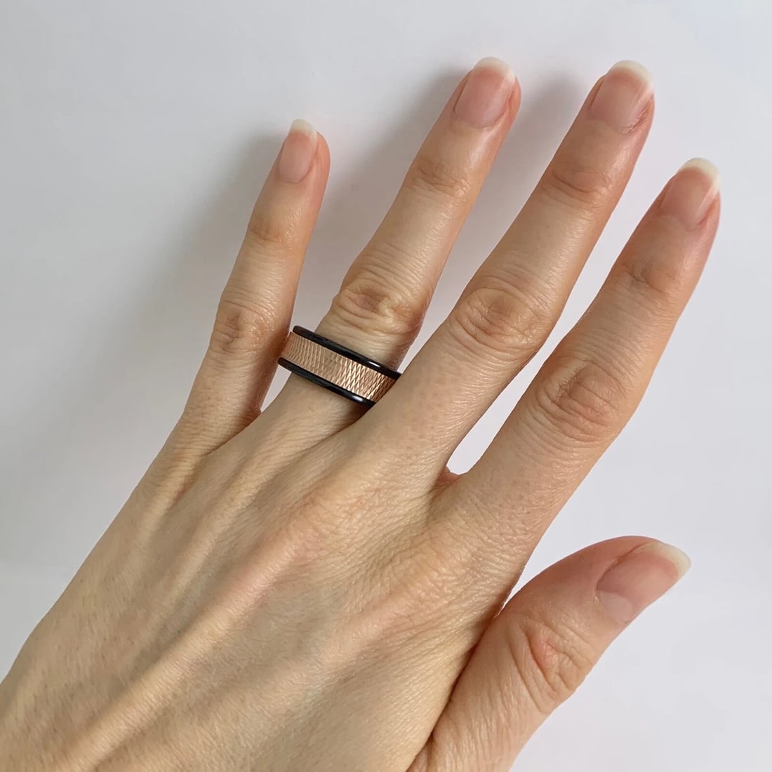 Men's 14K Rose Gold Insert Black Tungsten Wedding Band Ring, Size 10, 8 mm - 5