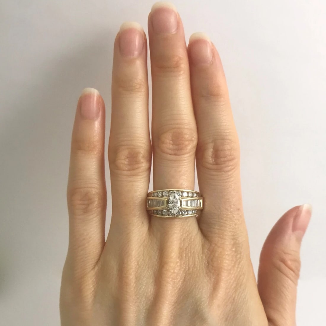 Wide Marquise Baguette Diamond Engagement Ring 14K Yellow Gold 1.35 CTW, 7.33 Gr - 2