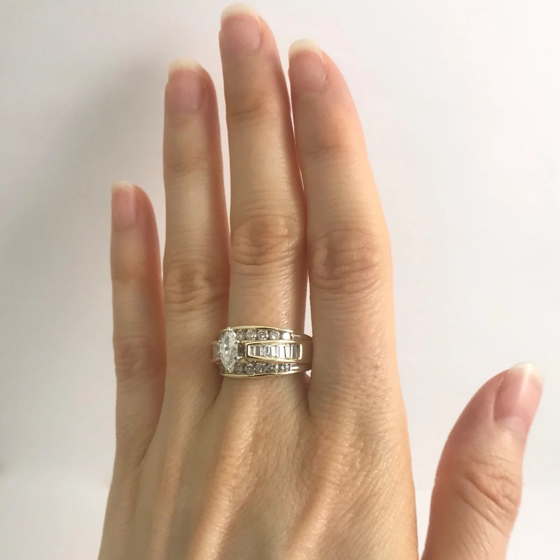 Wide Marquise Baguette Diamond Engagement Ring 14K Yellow Gold 1.35 CTW, 7.33 Gr - 3