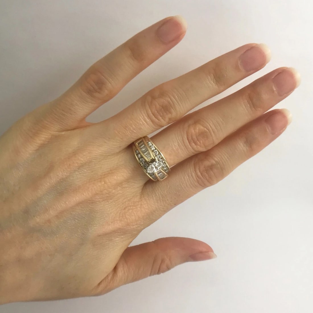 Wide Marquise Baguette Diamond Engagement Ring 14K Yellow Gold 1.35 CTW, 7.33 Gr - 4