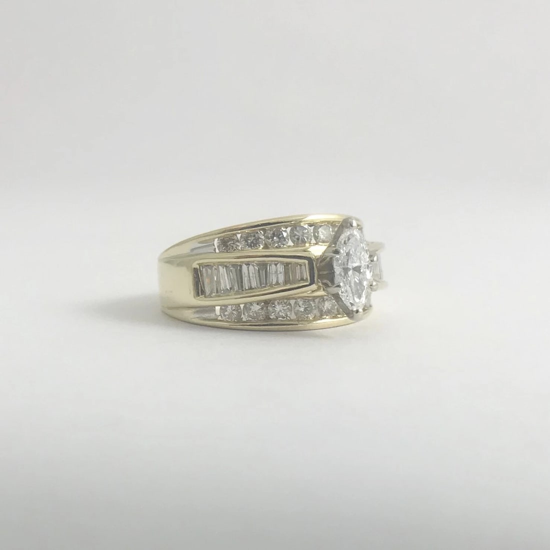 Wide Marquise Baguette Diamond Engagement Ring 14K Yellow Gold 1.35 CTW, 7.33 Gr - 8