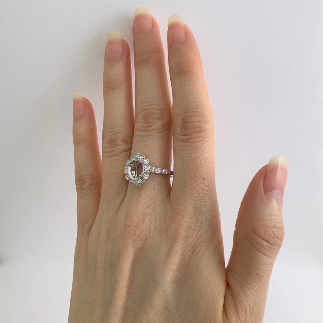 Oval Milgrain Halo Diamond Platinum Engagement Ring Setting Mounting, 5.15 Grams - 3