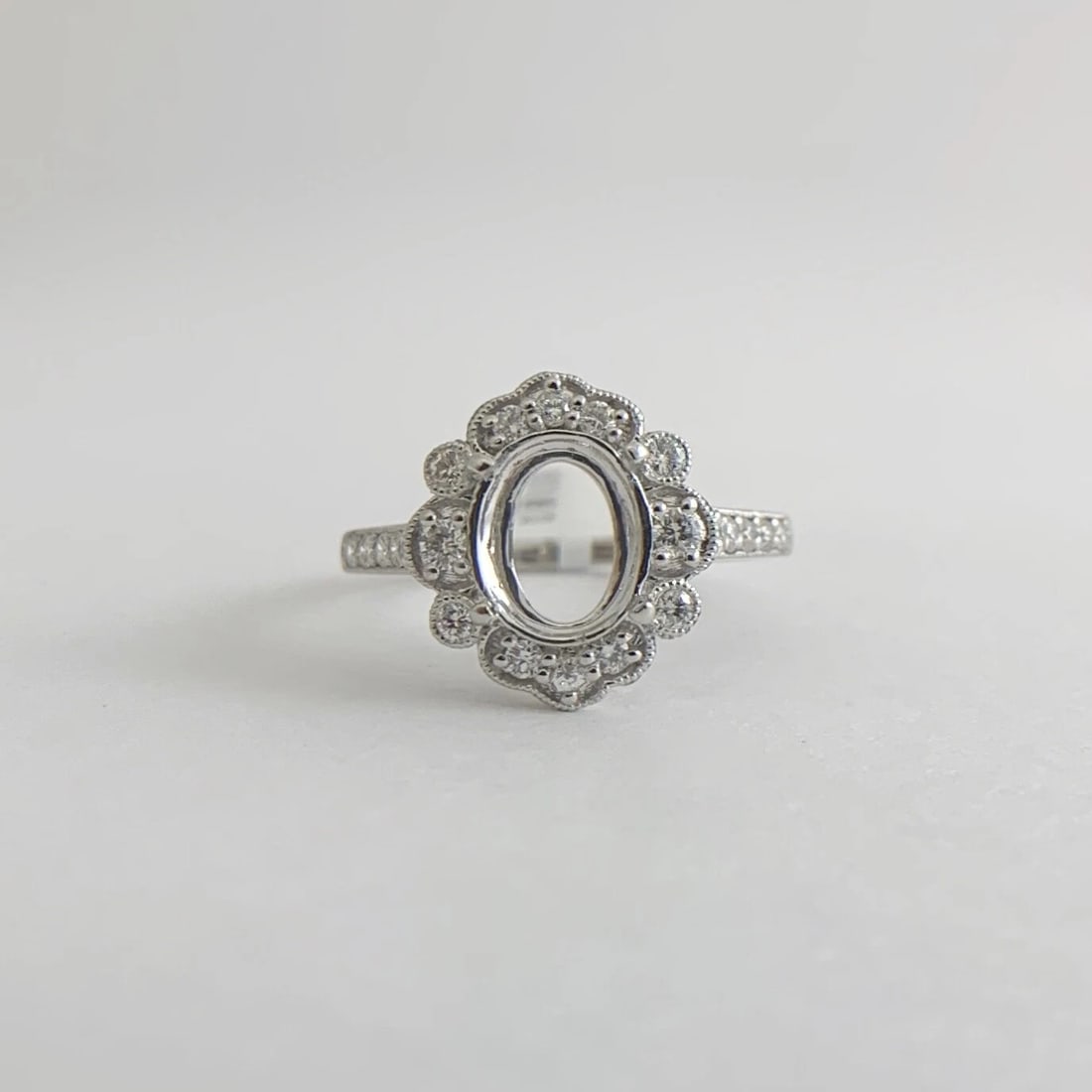 Oval Milgrain Halo Diamond Platinum Engagement Ring Setting Mounting, 5.15 Grams - 8