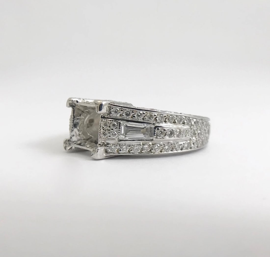 Pave Baguette Diamond Engagement Ring Setting Mounting 14K White Gold, 2.45 CTW - 12