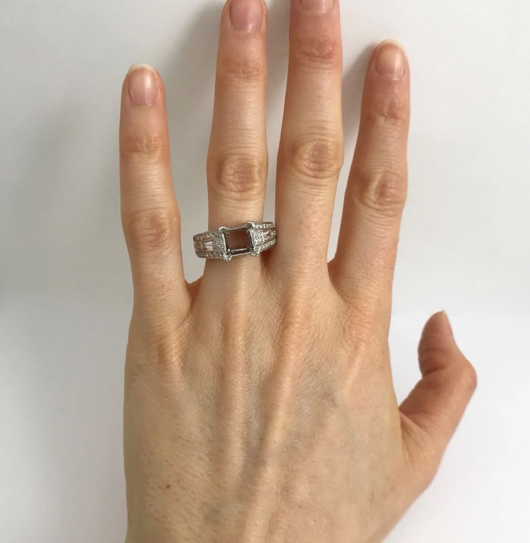 Pave Baguette Diamond Engagement Ring Setting Mounting 14K White Gold, 2.45 CTW - 4