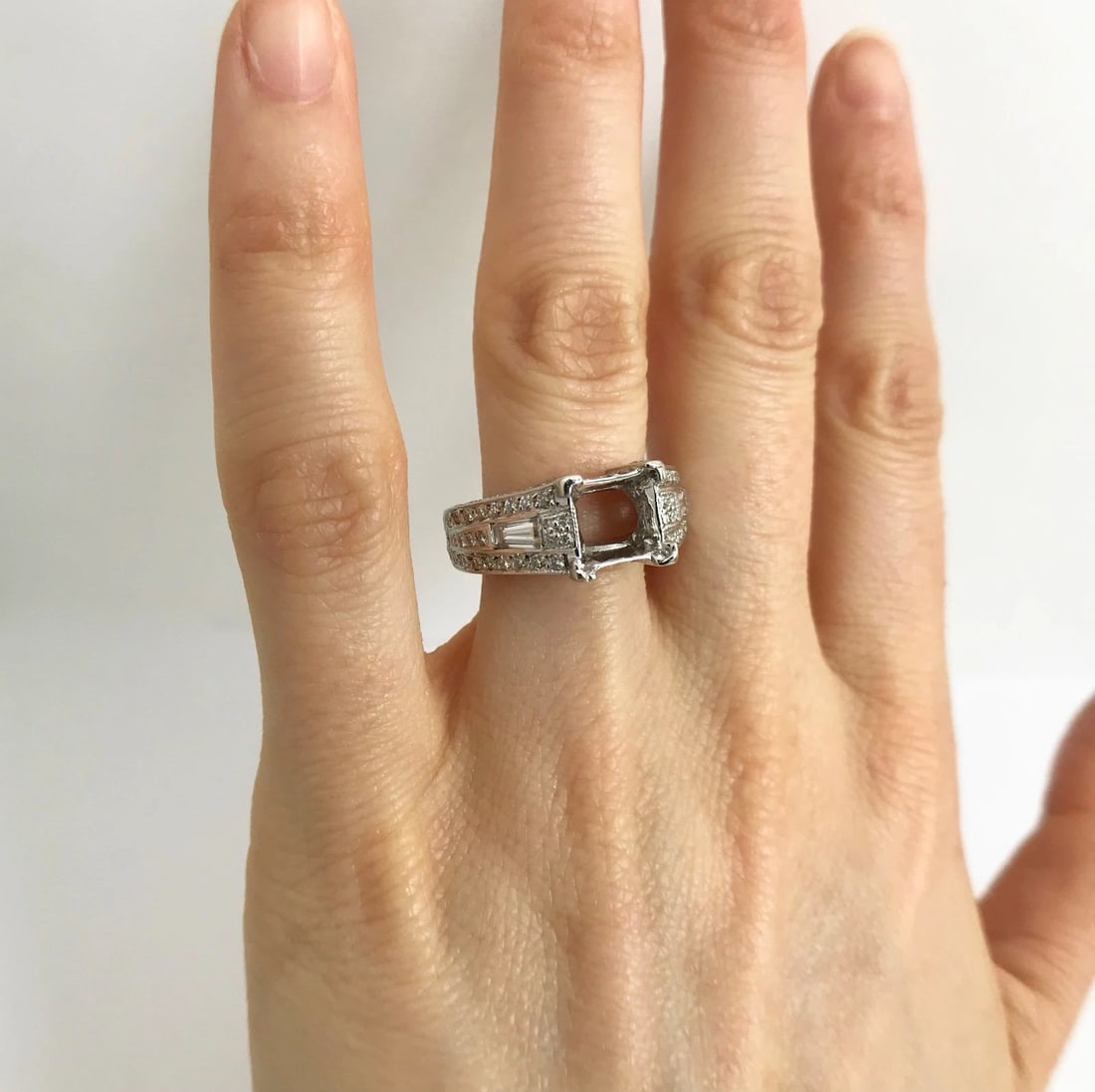 Pave Baguette Diamond Engagement Ring Setting Mounting 14K White Gold, 2.45 CTW - 5