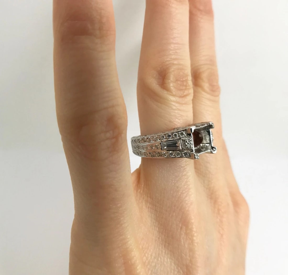 Pave Baguette Diamond Engagement Ring Setting Mounting 14K White Gold, 2.45 CTW - 6