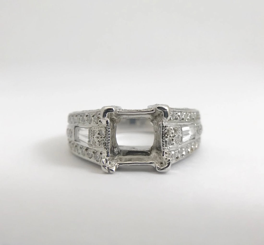 Pave Baguette Diamond Engagement Ring Setting Mounting 14K White Gold, 2.45 CTW - 8
