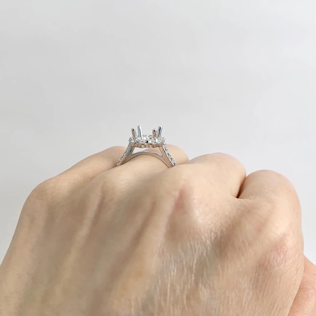 Round Graduated Halo Diamond Engagement Ring Setting Mounting 14K White Gold - 4