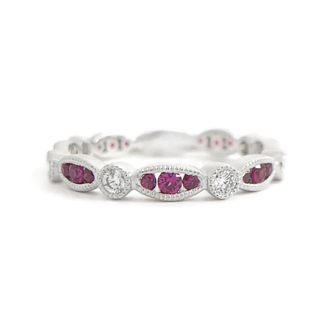 Marquise Round Ruby Diamond Wedding Band Ring 18K White Gold, .53 CTW (1 of 8)