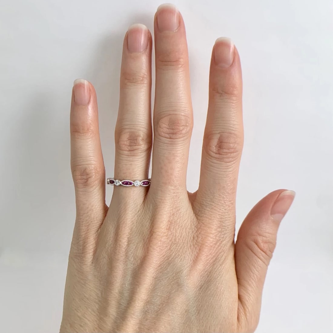 Marquise Round Ruby Diamond Wedding Band Ring 18K White Gold, .53 CTW - 2