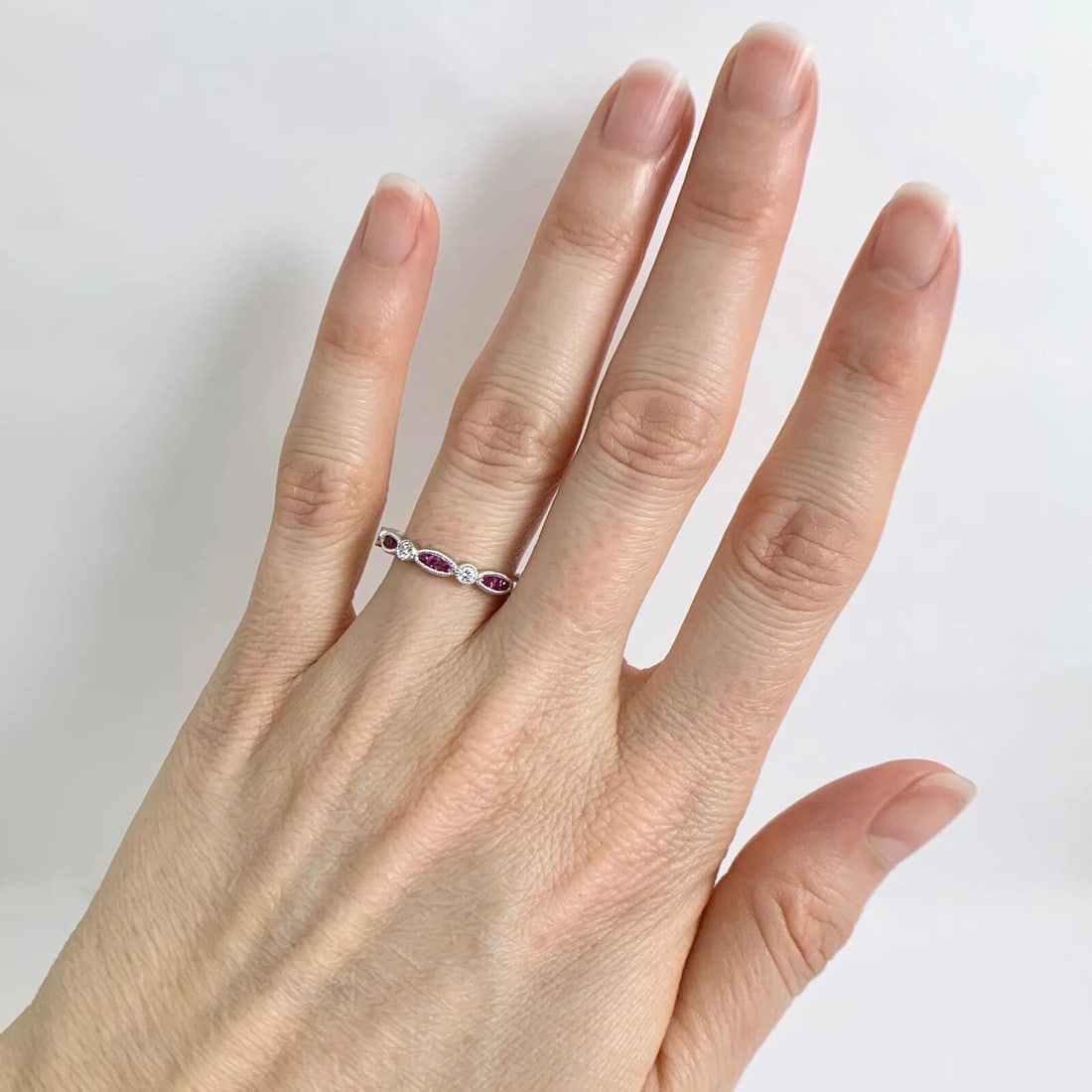 Marquise Round Ruby Diamond Wedding Band Ring 18K White Gold, .53 CTW - 4