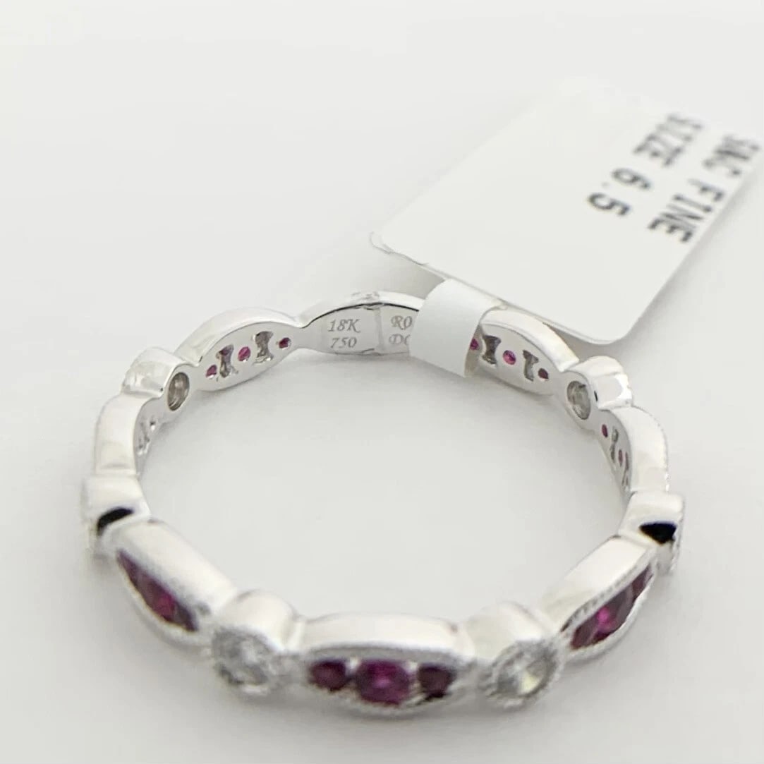 Marquise Round Ruby Diamond Wedding Band Ring 18K White Gold, .53 CTW - 8