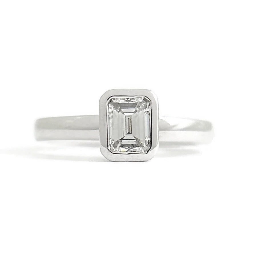 Emerald Cut Bezel Solitaire Diamond Engagement Ring 18K White Gold .51 CT: Emerald Cut Bezel Solitaire Diamond Engagement Ring 18K White Gold .51 CT This is a gorgeous diamond engagement ring! Please let us know if you have any questions! Diamonds: 1 emerald cut, .51 ct, I,