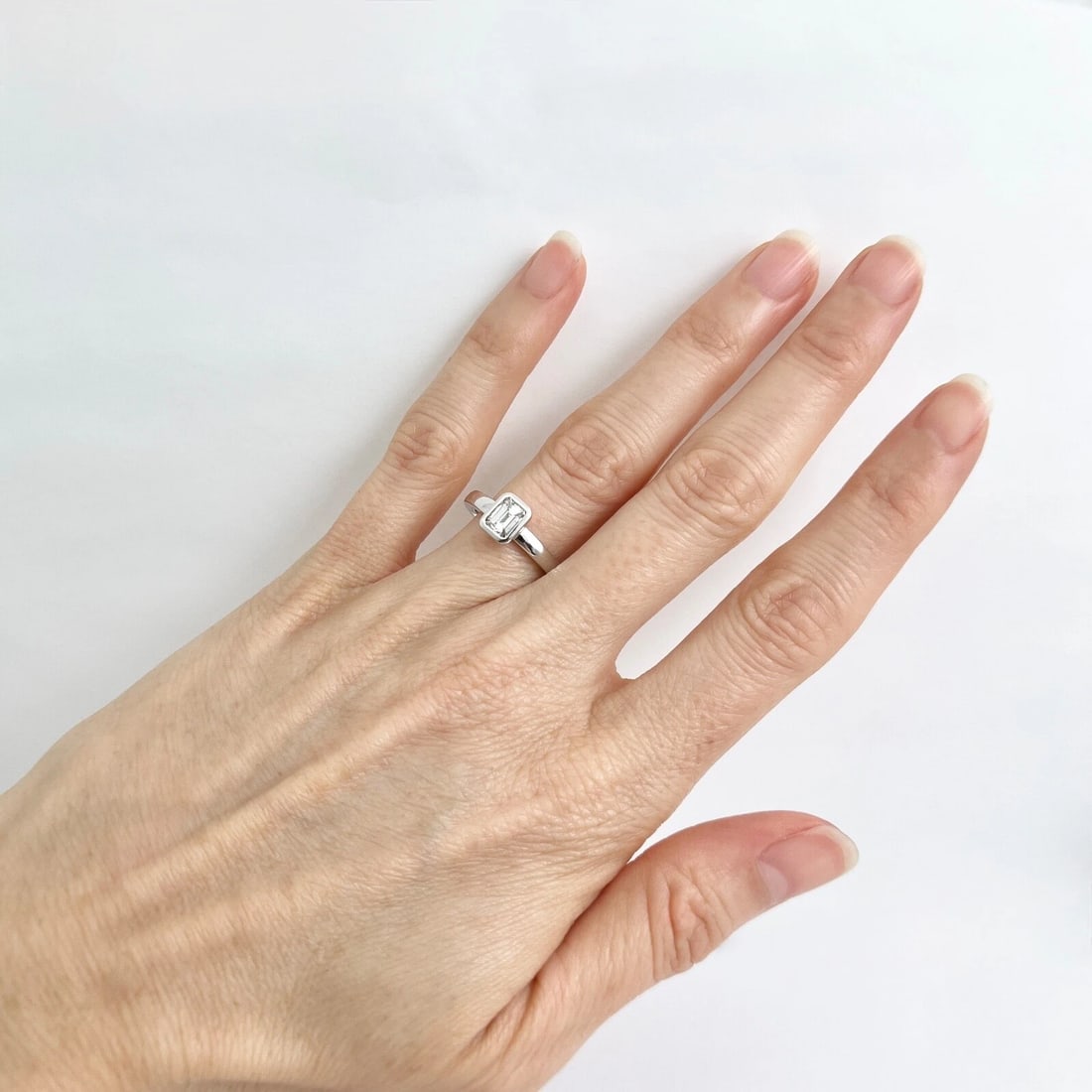 Emerald Cut Bezel Solitaire Diamond Engagement Ring 18K White Gold .51 CT - 4