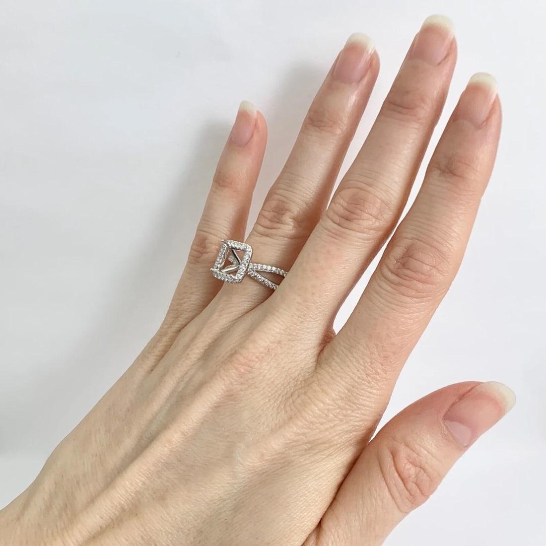 Cushion Halo Split Shank Diamond Engagement Ring Setting Mounting 14K White Gold - 4