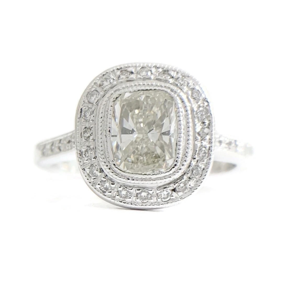 EGL Cushion Milgrain Bezel Halo Diamond Engagement Ring 14K White Gold 1.51 CTW: EGL Cushion Milgrain Bezel Halo Diamond Engagement Ring 14K White Gold 1.51 CTW This is a gorgeous diamond engagement ring! Please let us know if you have any questions! Diamonds: 1.51 ctw; 1 cushion 