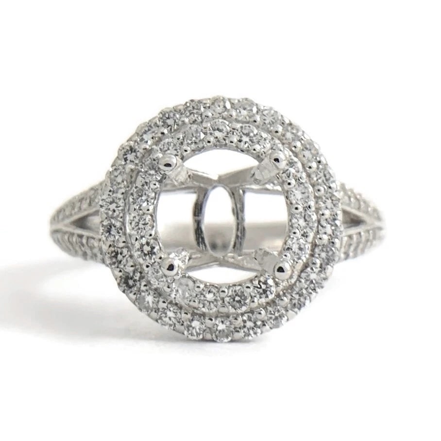 Round Double Halo Diamond Engagement Ring Setting Mounting 14K White Gold: Round Double Halo Diamond Engagement Ring Setting Mounting 14K White Gold Make a statement with this gorgeous mounting! Ready to house a diamond or gemstone of your choice. Please let us know if you