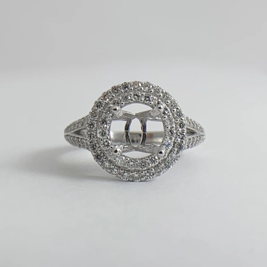 Round Double Halo Diamond Engagement Ring Setting Mounting 14K White Gold - 8