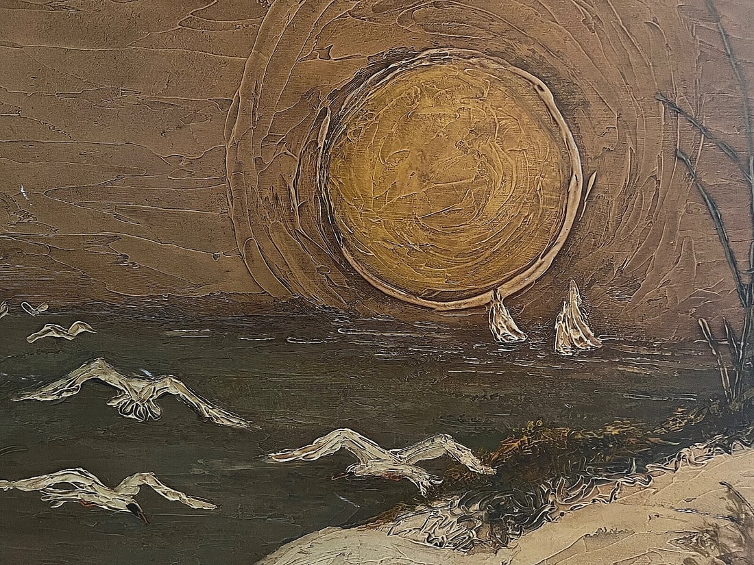 Vintage double sided Painting original sea Shore& Seagulls signed GAINER 22x28 - 8