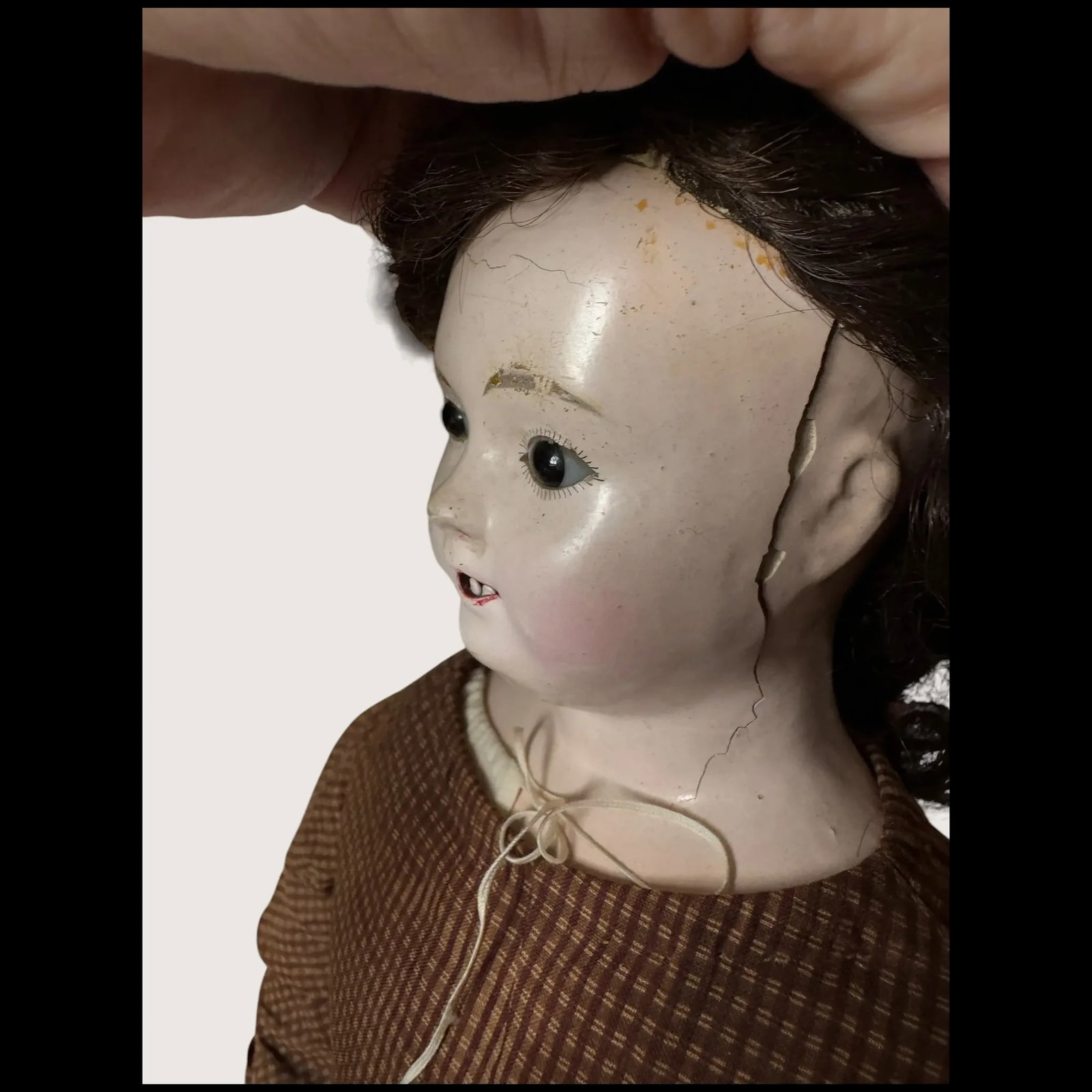 Paper-Mache Poupee Antique Doll pink skin leather body with Glass Eyes - 10