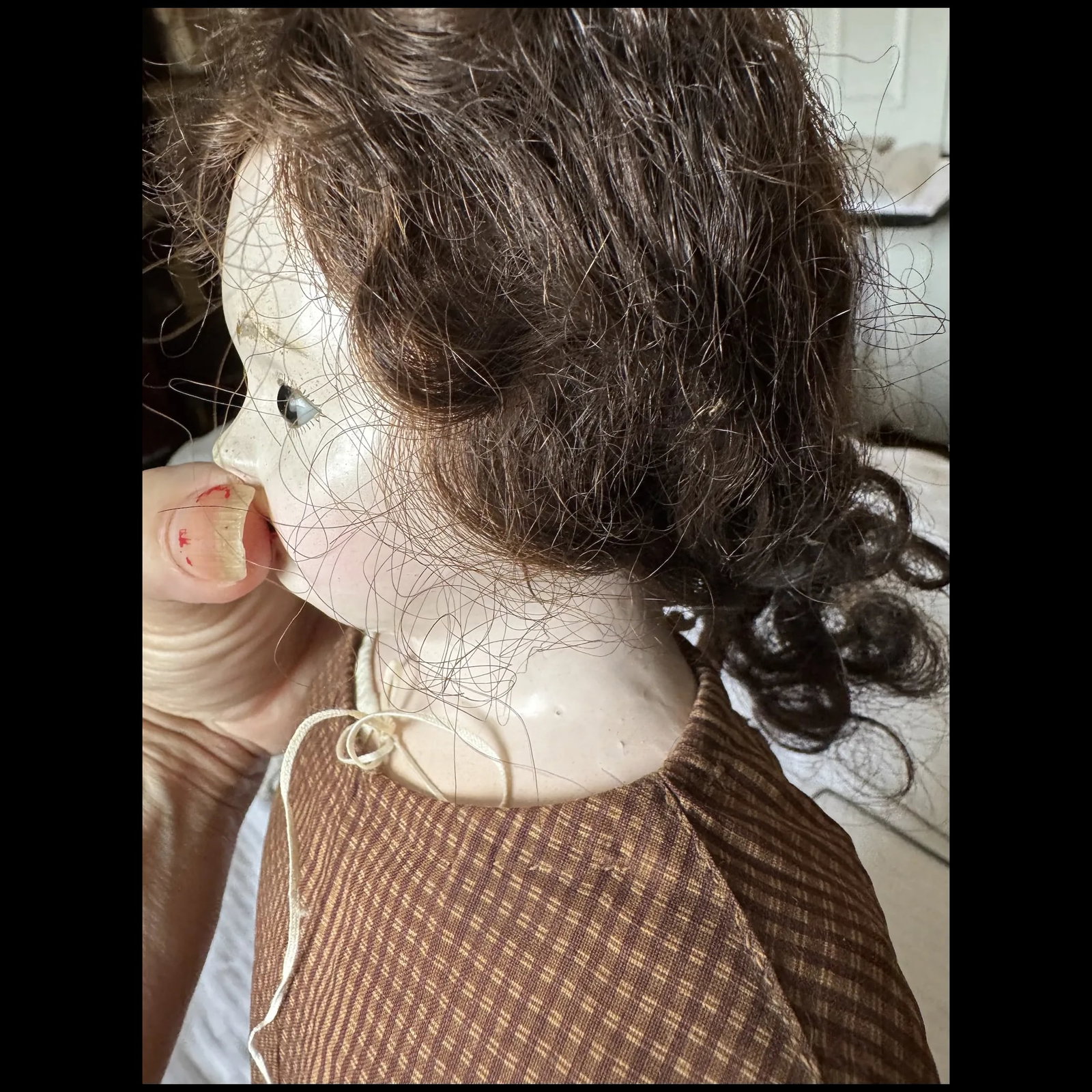 Paper-Mache Poupee Antique Doll pink skin leather body with Glass Eyes - 11