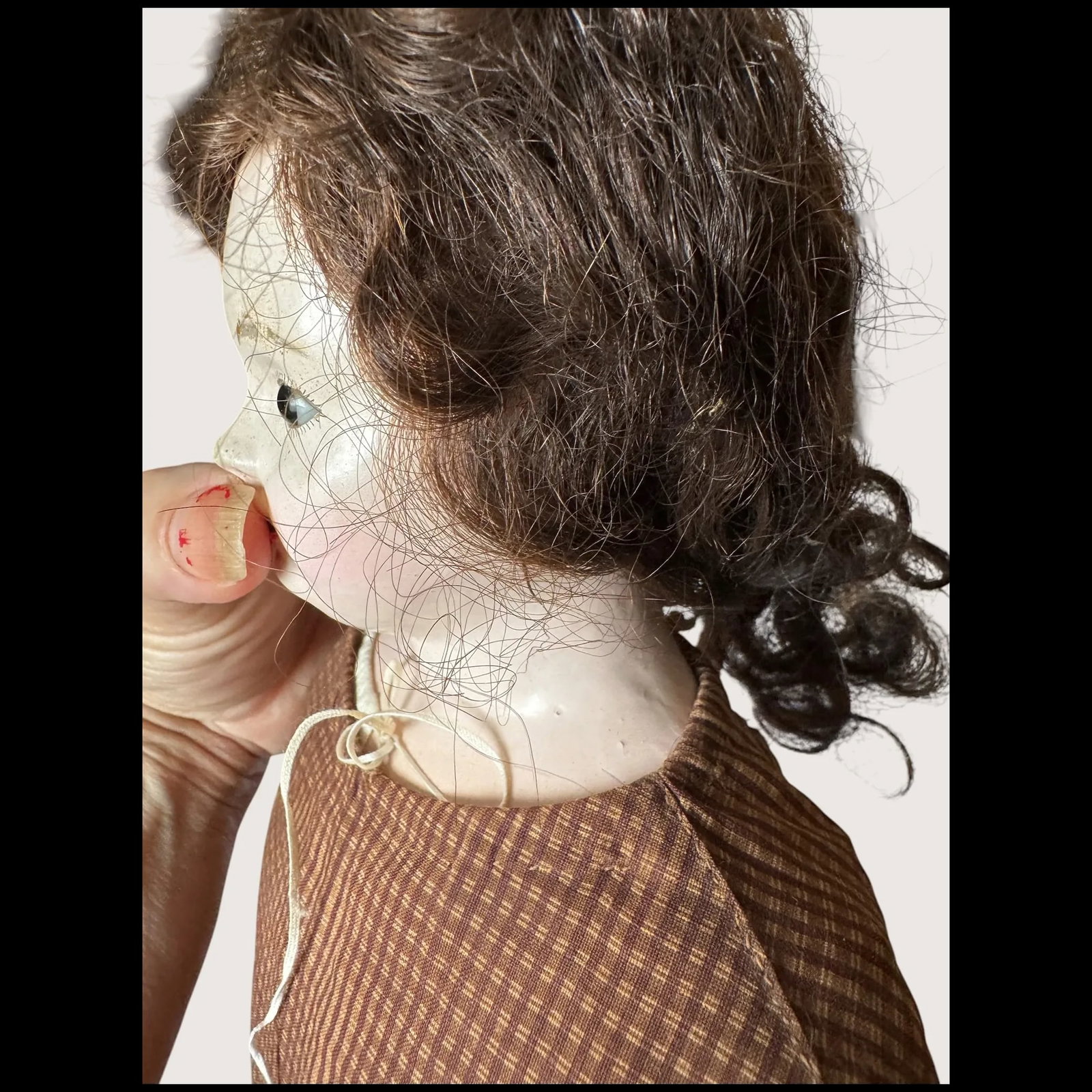 Paper-Mache Poupee Antique Doll pink skin leather body with Glass Eyes - 14