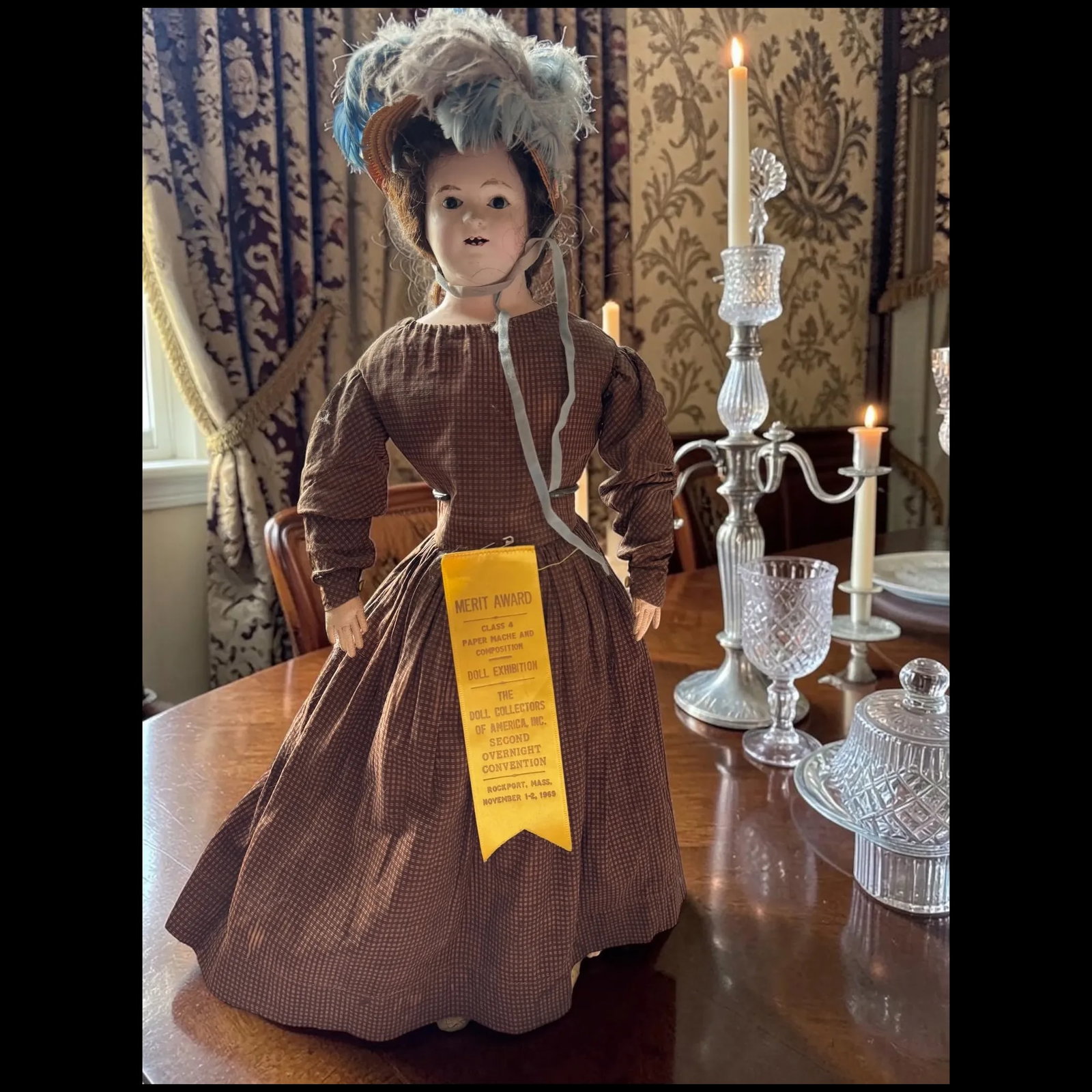 Paper-Mache Poupee Antique Doll pink skin leather body with Glass Eyes - 2