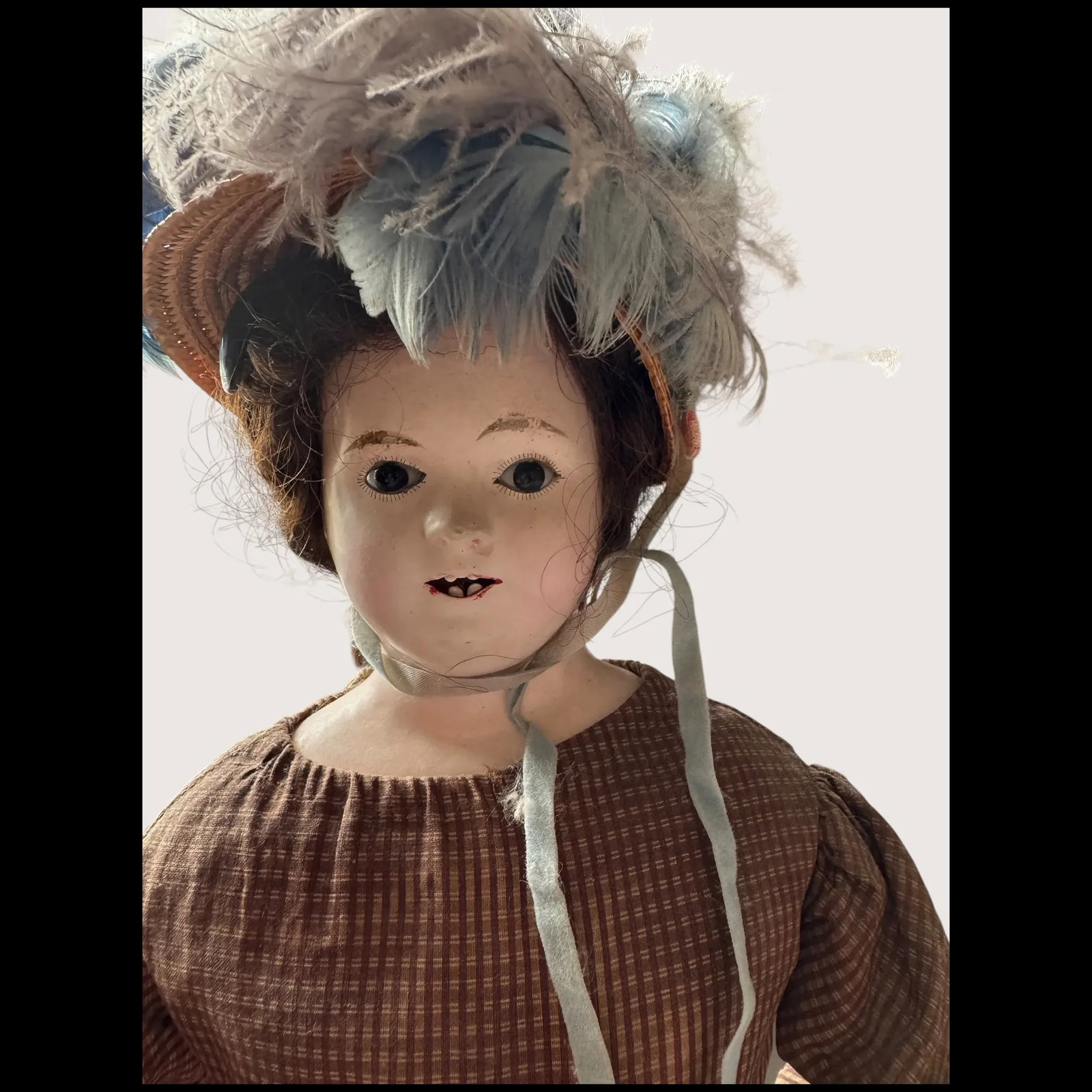 Paper-Mache Poupee Antique Doll pink skin leather body with Glass Eyes - 3