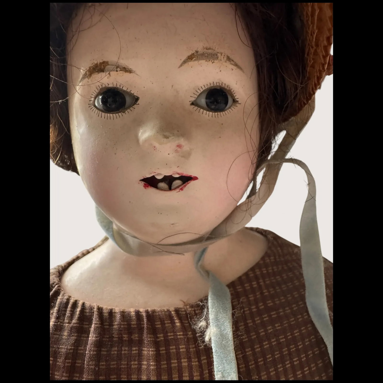 Paper-Mache Poupee Antique Doll pink skin leather body with Glass Eyes - 4
