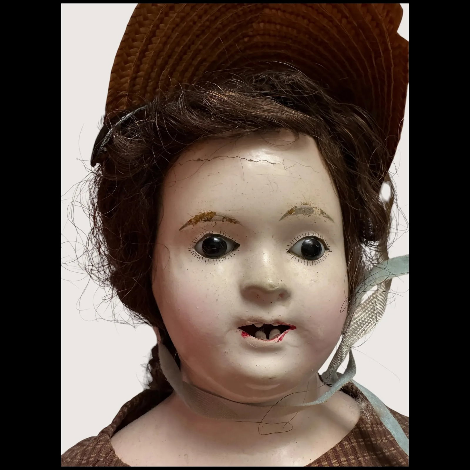Paper-Mache Poupee Antique Doll pink skin leather body with Glass Eyes - 7