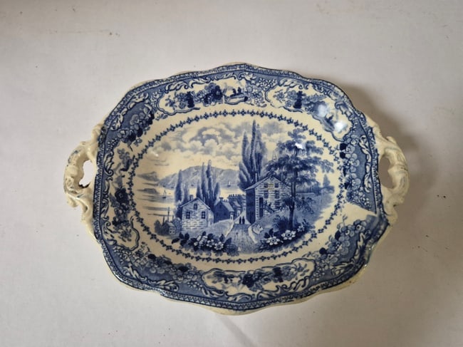 Low open dish, pearlware, c. 1825.: Rare form and transfer: Newburgh (NY).? Small chips on foot rim, minute flake on underside rim.? ?6 1/2" long. Shipping: Domestic: Shipping rates are determined by destination International: Foreign