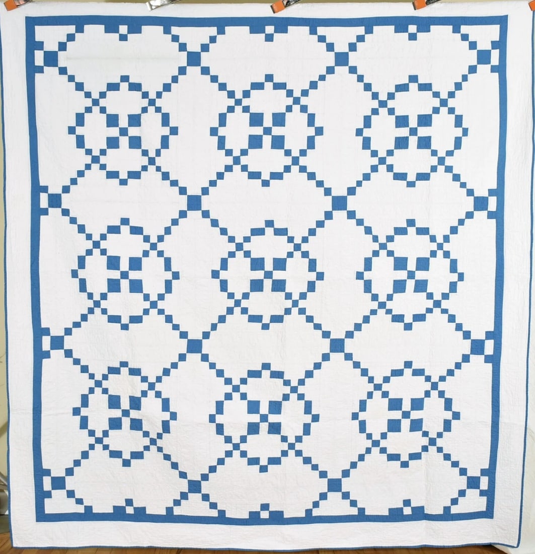 30's Blue & White Burgoyne Surrounded Quilt: Title: 30's Blue & White Burgoyne Surrounded Quilt Date: 1920's - 1930's Origin: Ohio Material: Cotton Dimensions: Shipping: Domestic: Flat-rate of $25.00 to anywhere within the contiguous U.S.