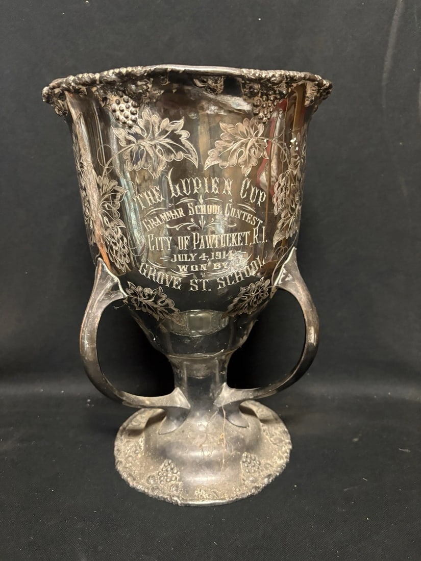 1914 Lupien Cup Loving Cup Trophy Grove St School Pawtucket RI: It measures 12 3/4" high x 8 7/8" and is dated 1914. It has wear as shown in the photos. It is more impressive than the photos show Shipping: Domestic: Flat-rate of $20.00 to anywhere within the